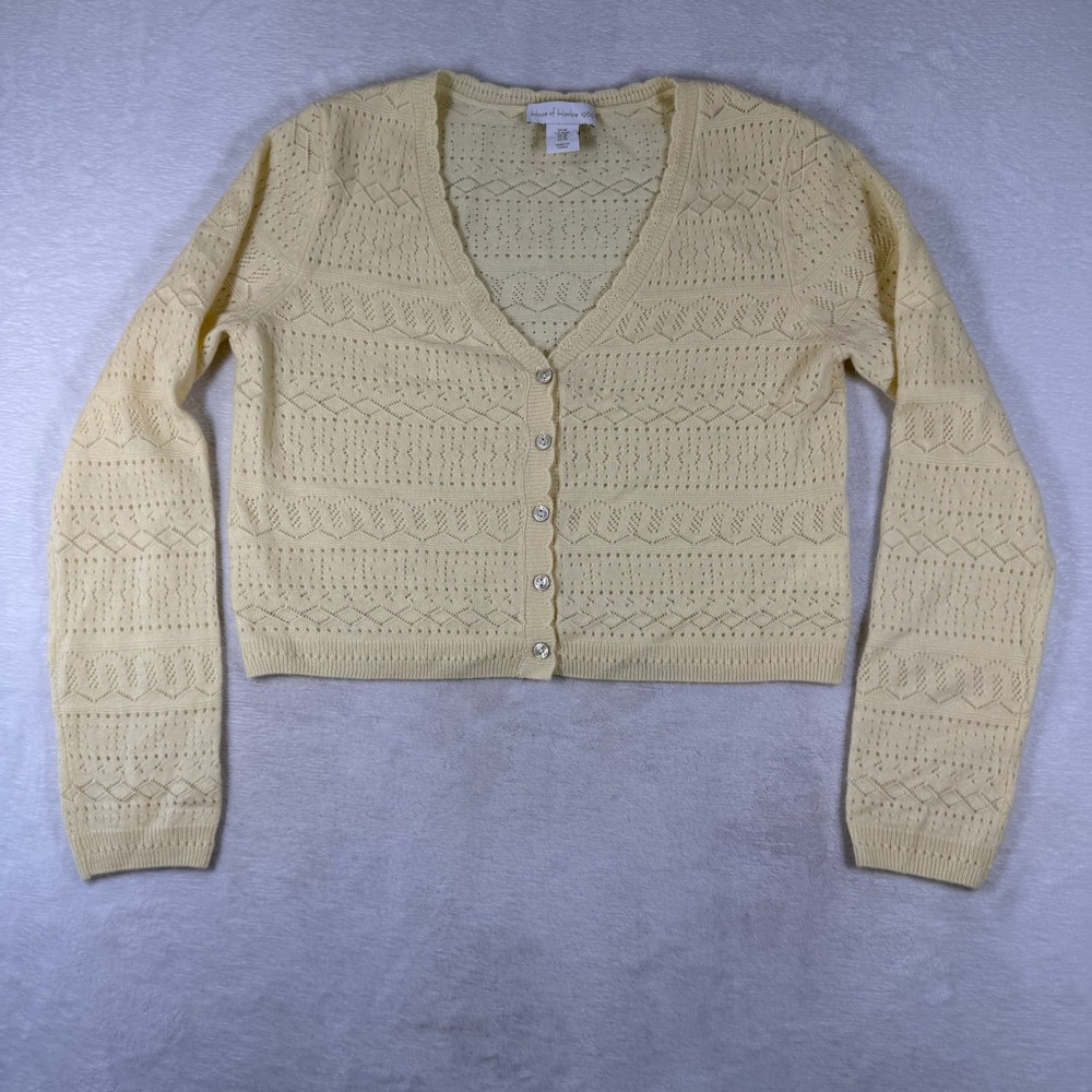House of Harlow 1960 Yellow 100% Cashmere Pointelle Knit Cropped Cardigan M